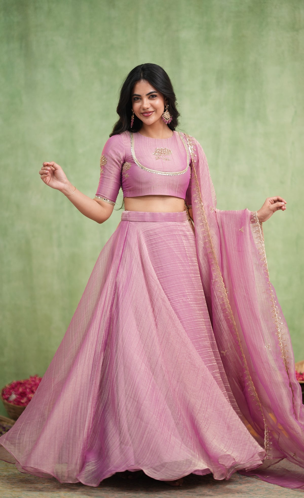 Coral Crushed Tissue Crop Top and Skirt - Mauve Pink