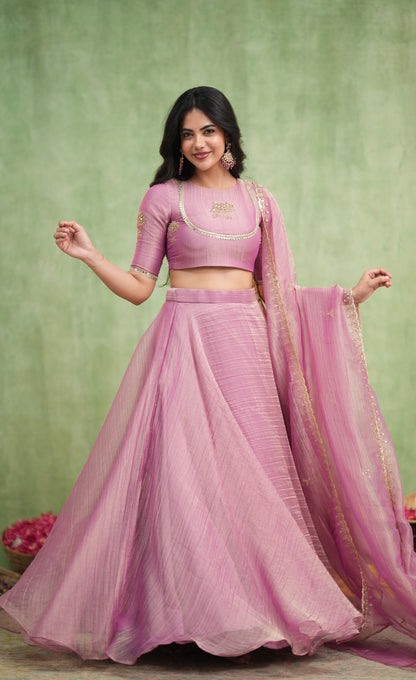 Coral Crushed Tissue Crop Top and Skirt - Mauve Pink