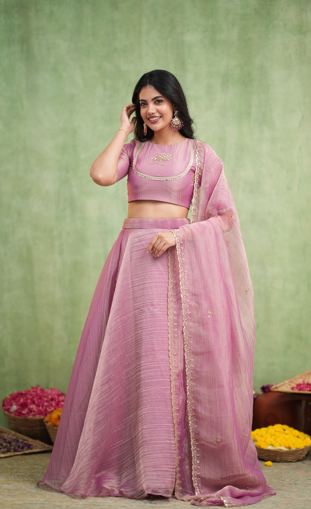 Coral Crushed Tissue Crop Top and Skirt - Mauve Pink