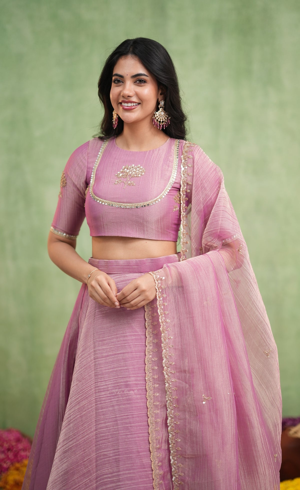 Coral Crushed Tissue Crop Top and Skirt - Mauve Pink