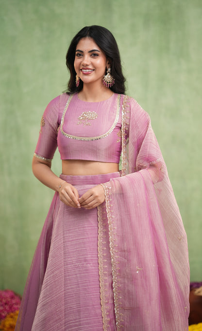 Coral Crushed Tissue Crop Top and Skirt - Mauve Pink