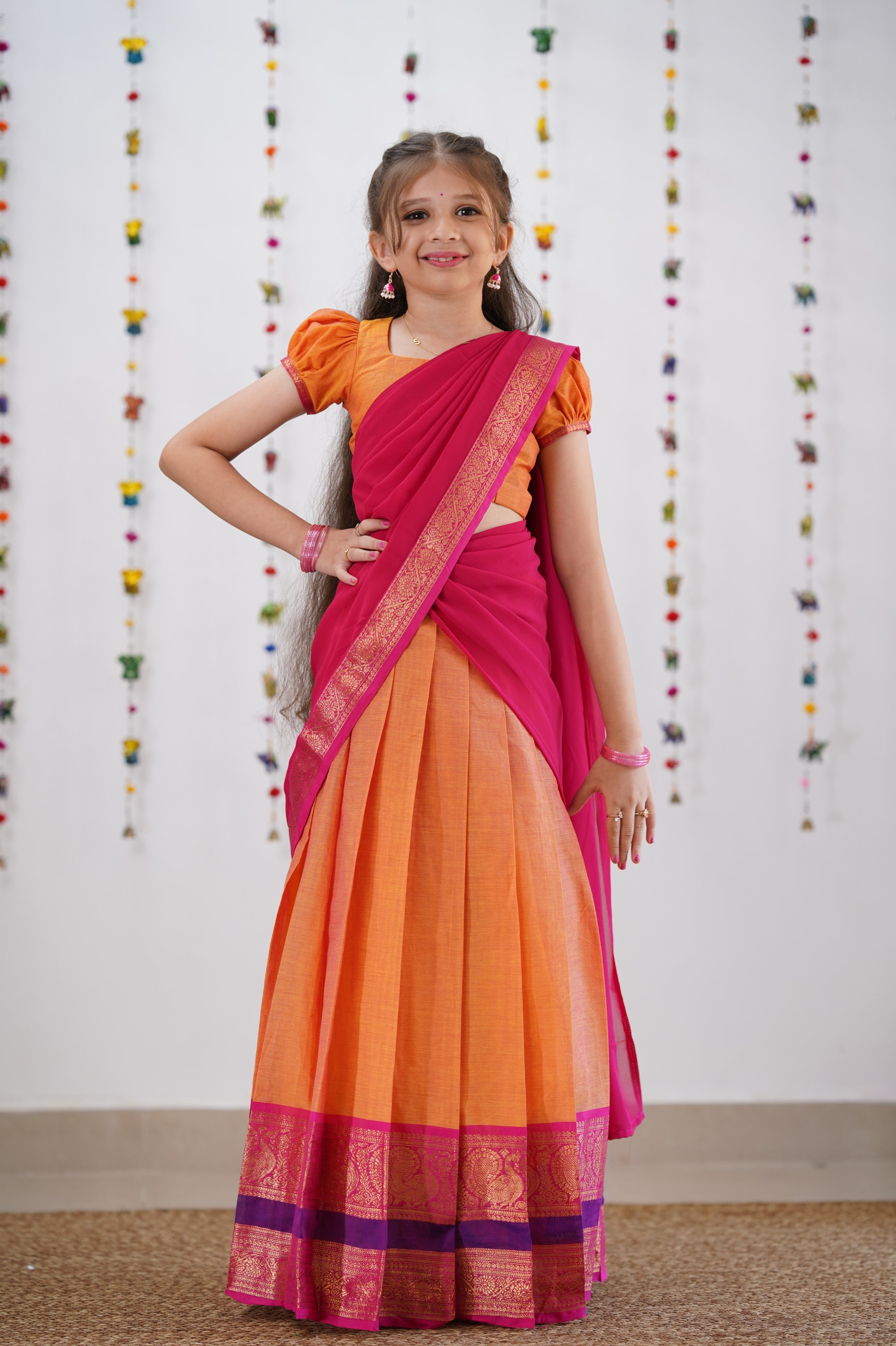 Kumaari Half Saree - Orange &amp; Pink