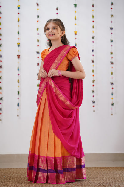 Kumaari Half Saree - Orange &amp; Pink