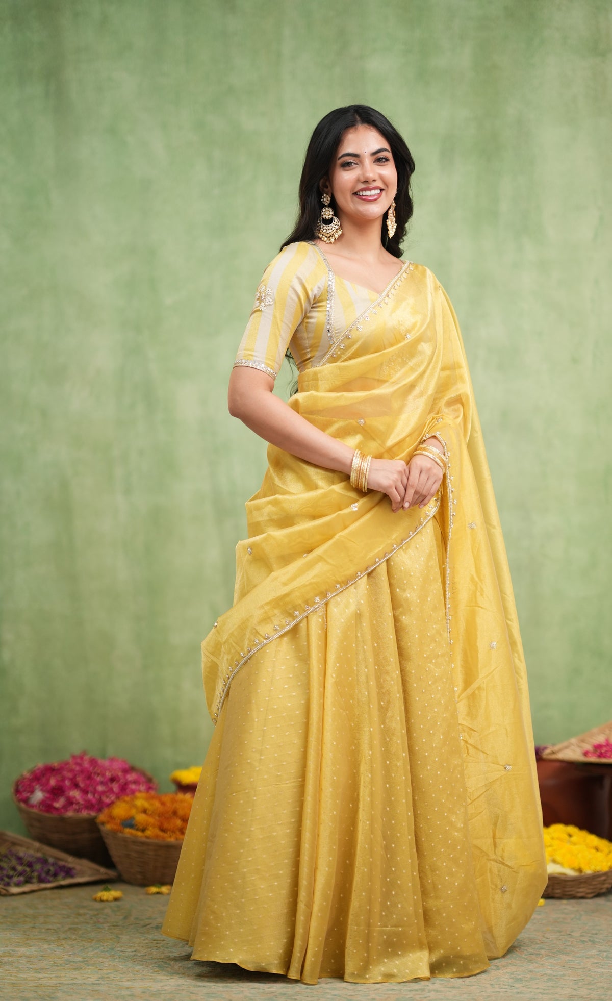 Pearl Soft Organza Tissue Halfsaree - Yellow