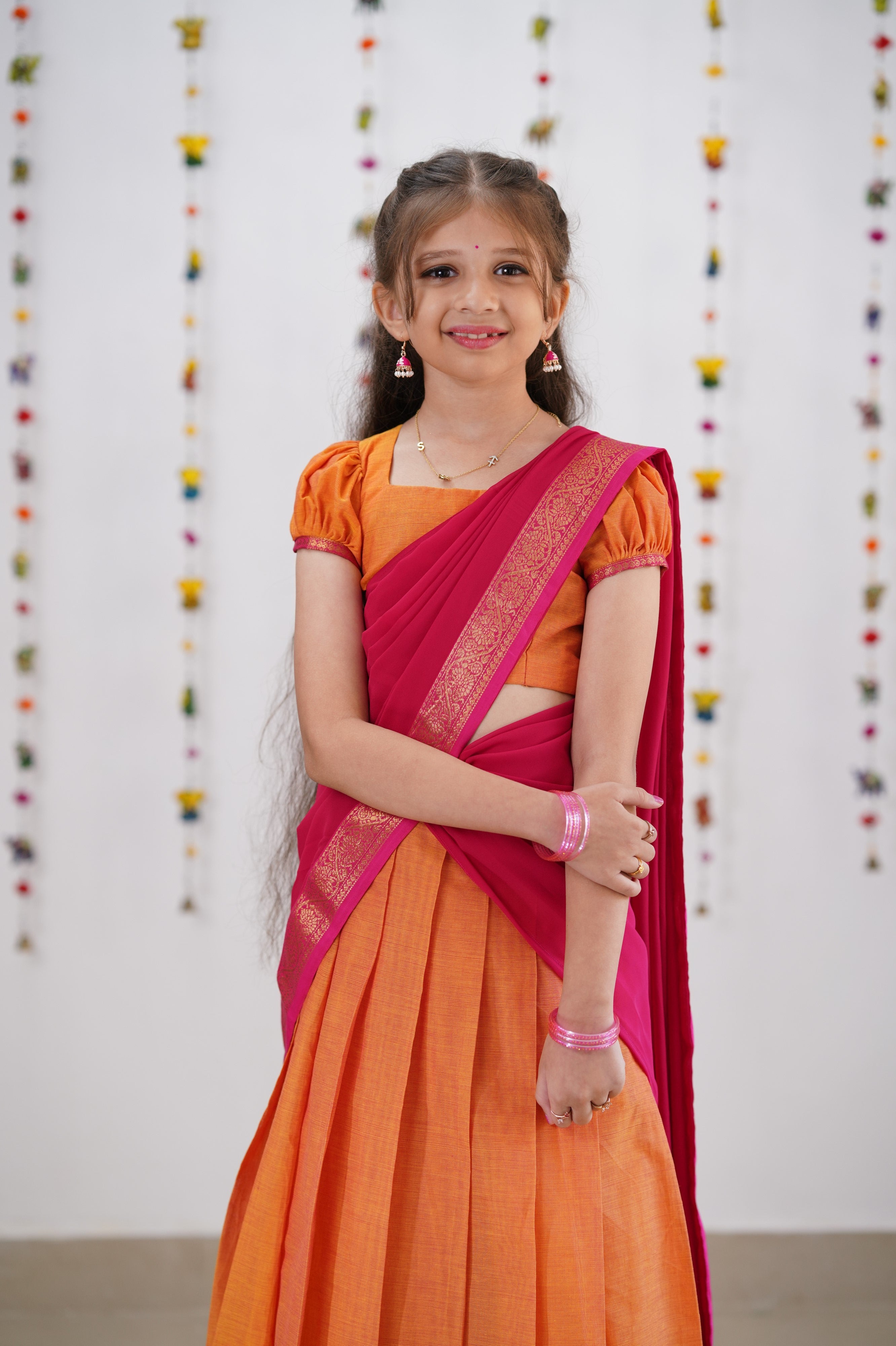 Kumaari Half Saree - Orange &amp; Pink