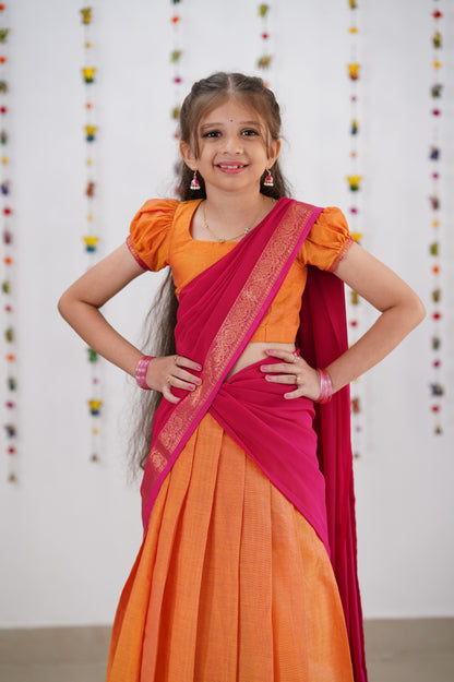 Kumaari Half Saree - Orange &amp; Pink