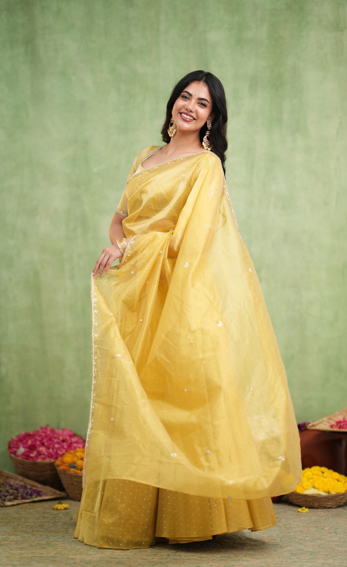 Pearl Soft Organza Tissue Halfsaree - Yellow