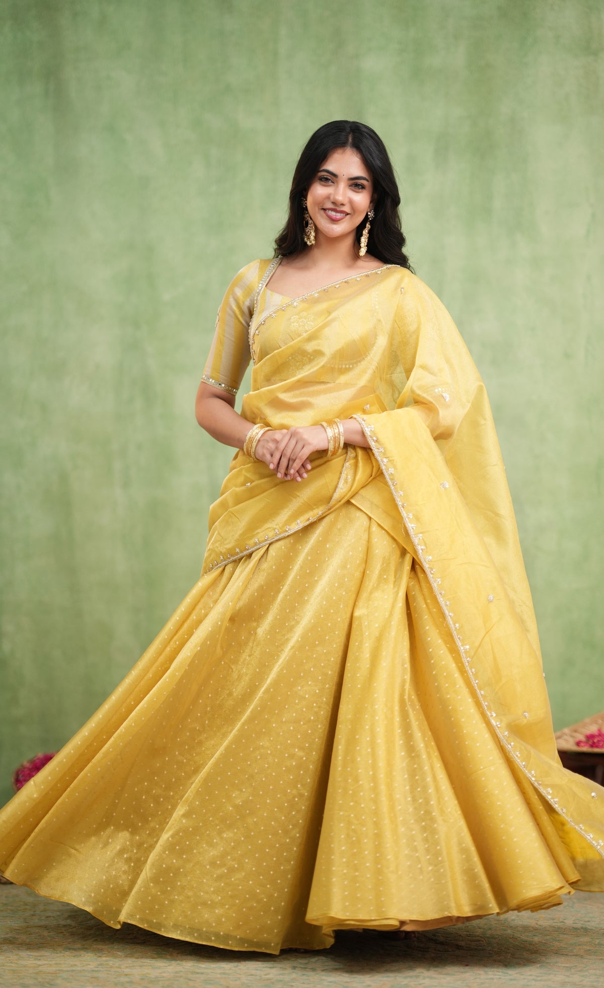Pearl Soft Organza Tissue Halfsaree - Yellow