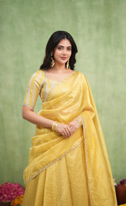 Pearl Soft Organza Tissue Halfsaree - Yellow