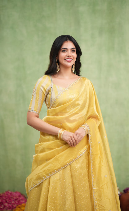 Pearl Soft Organza Tissue Halfsaree - Yellow