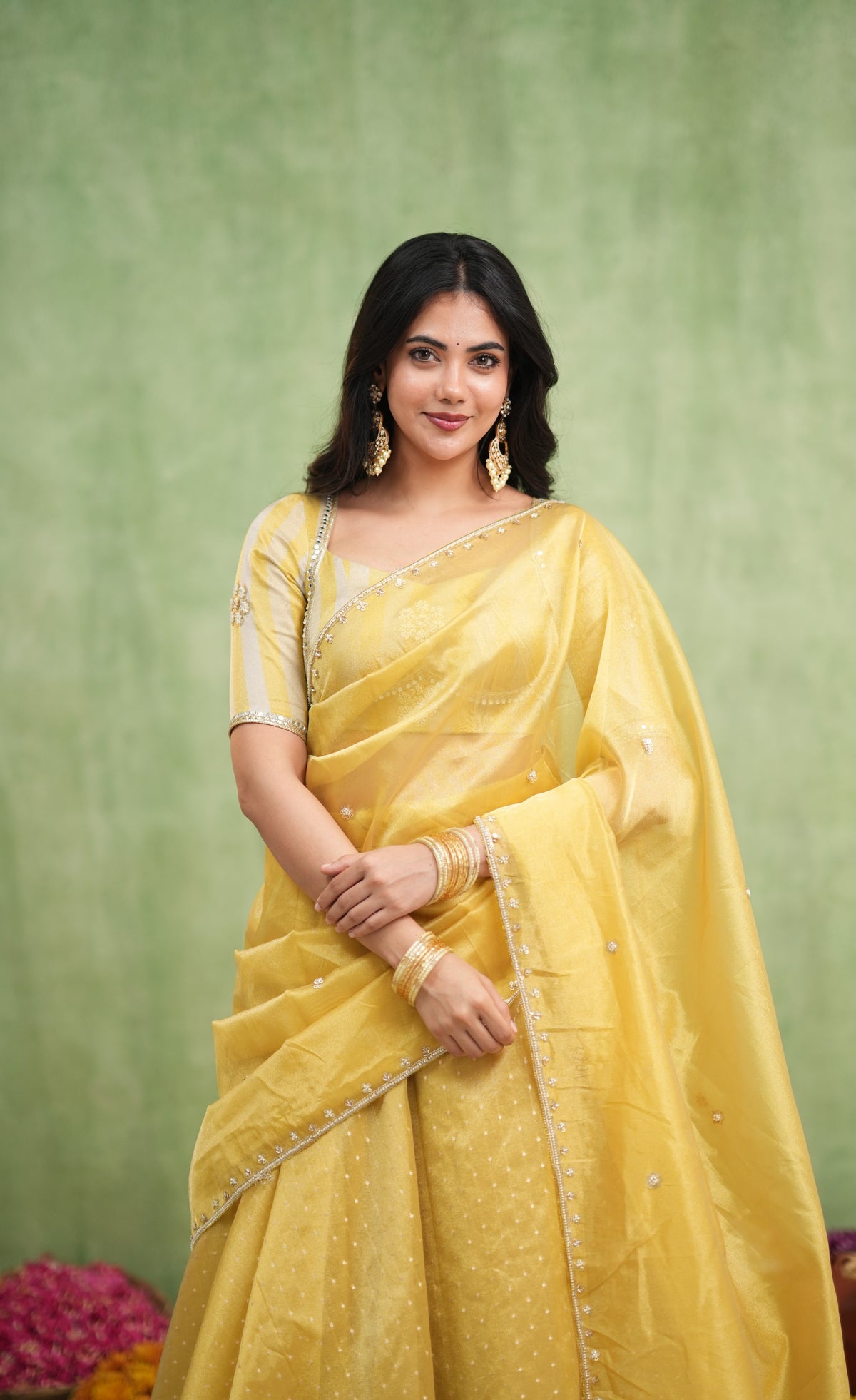 Pearl Soft Organza Tissue Halfsaree - Yellow