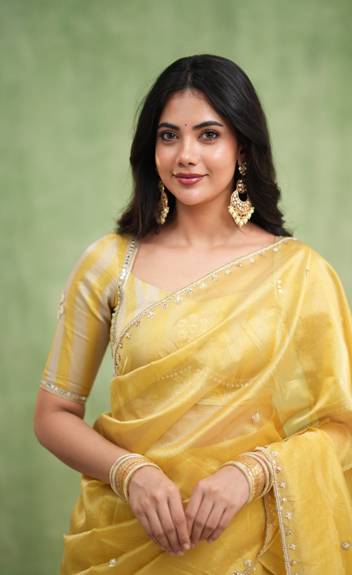 Pearl Soft Organza Tissue Halfsaree - Yellow
