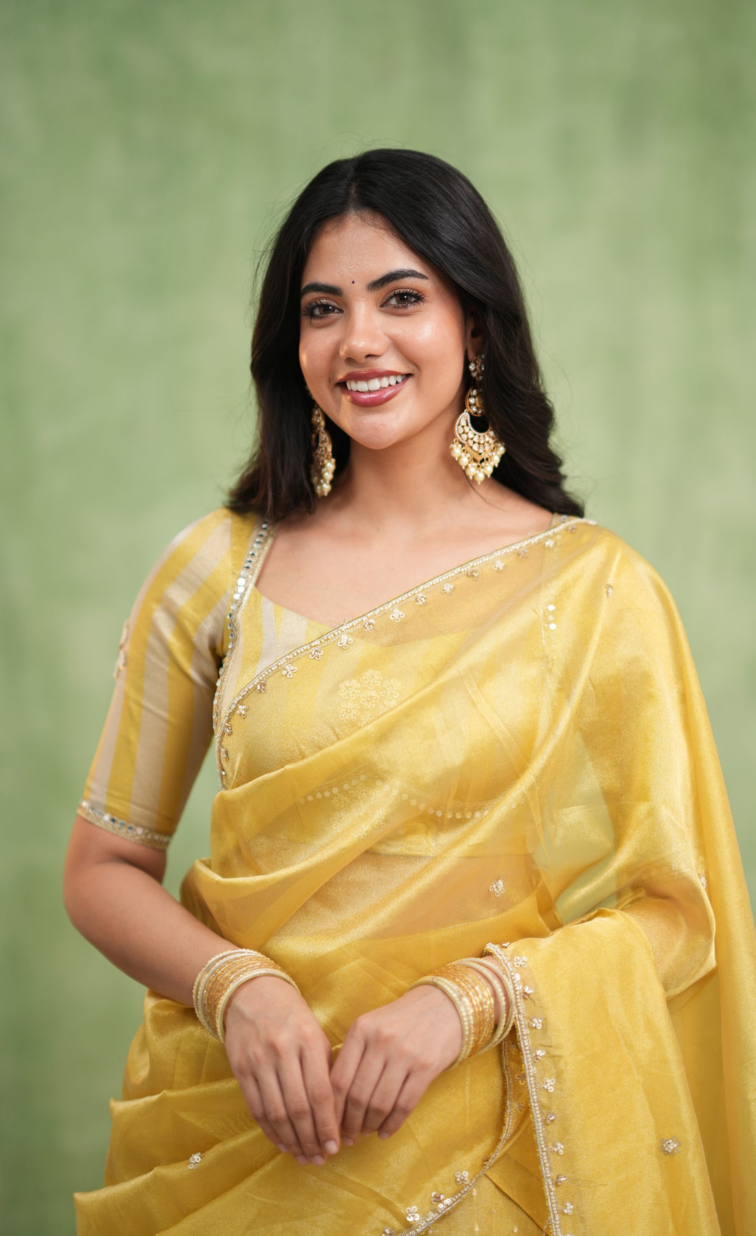 Pearl Soft Organza Tissue Halfsaree - Yellow