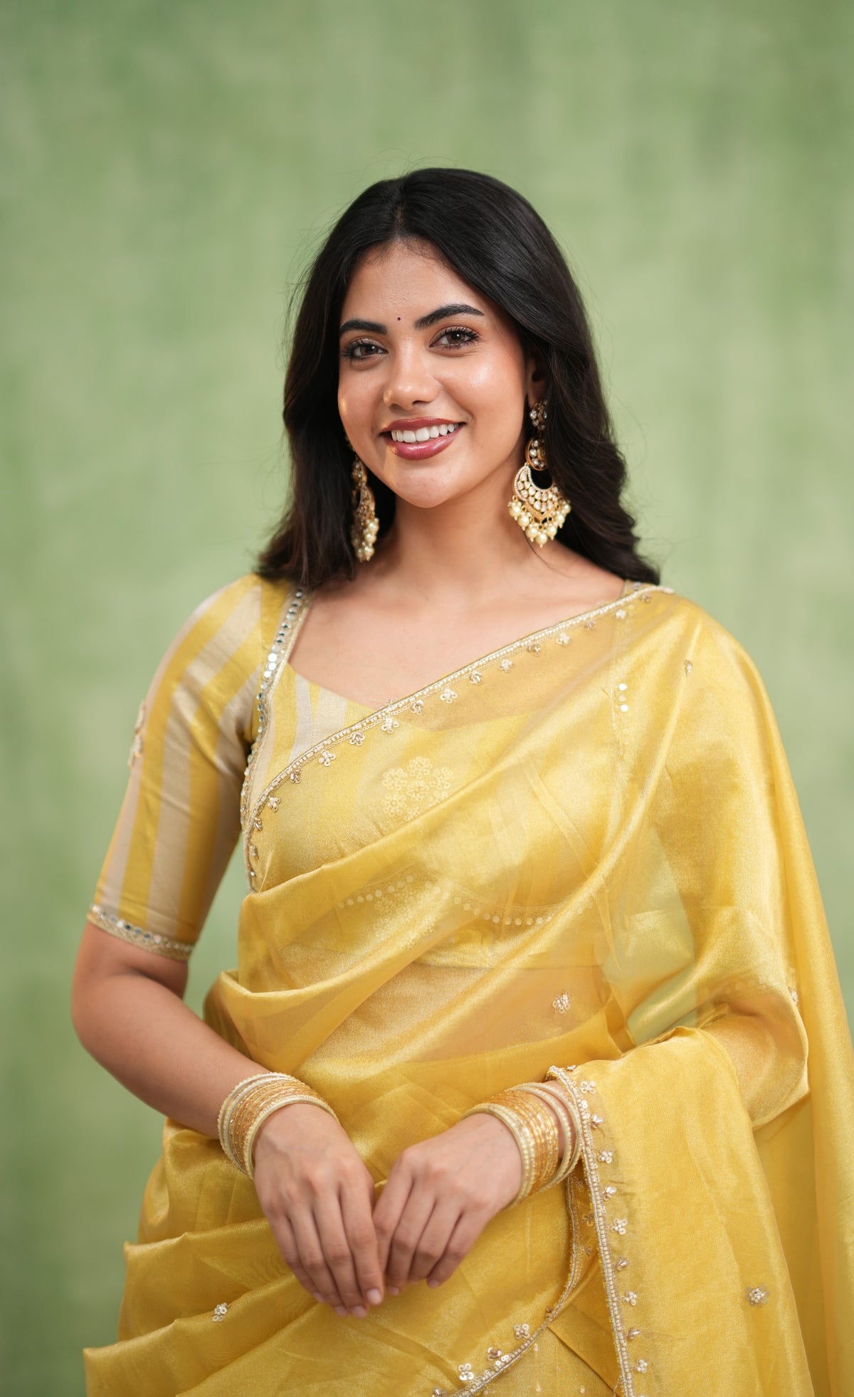 Pearl Soft Organza Tissue Halfsaree - Yellow