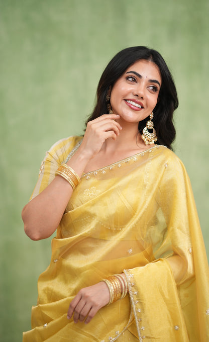 Pearl Soft Organza Tissue Halfsaree - Yellow