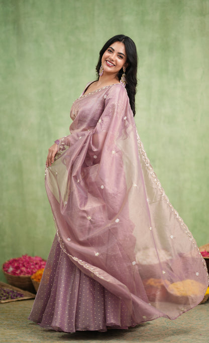 Pearl Soft Organza Tissue Halfsaree - Dusky Lavender