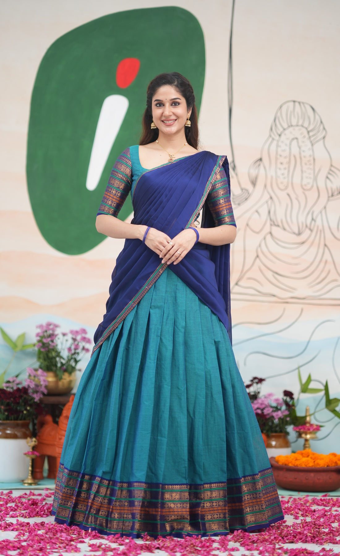 Padmaja Cotton Half Saree - Teal Blue and Dark Blue