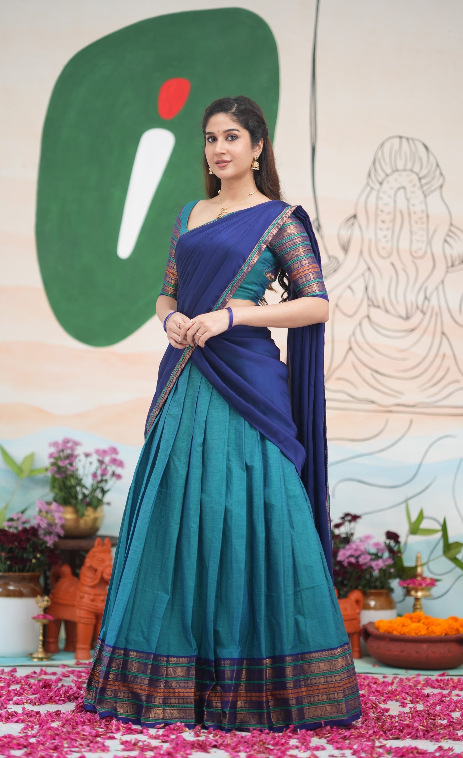 Padmaja Cotton Half Saree - Teal Blue and Dark Blue