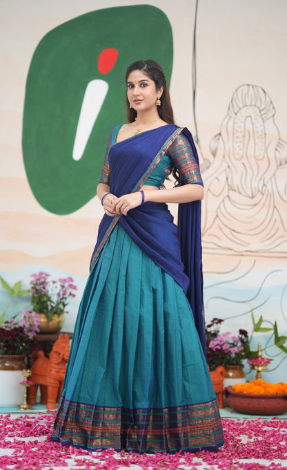 Padmaja Cotton Half Saree - Teal Blue and Dark Blue