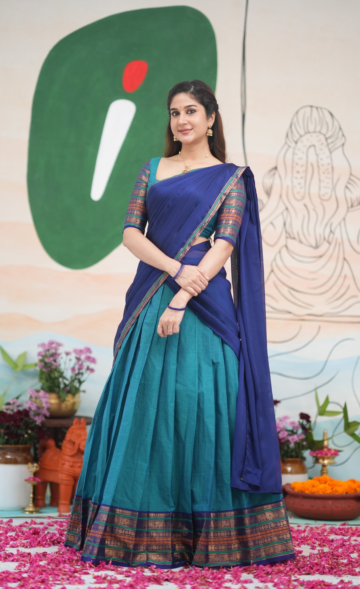 Padmaja Cotton Half Saree - Teal Blue and Dark Blue