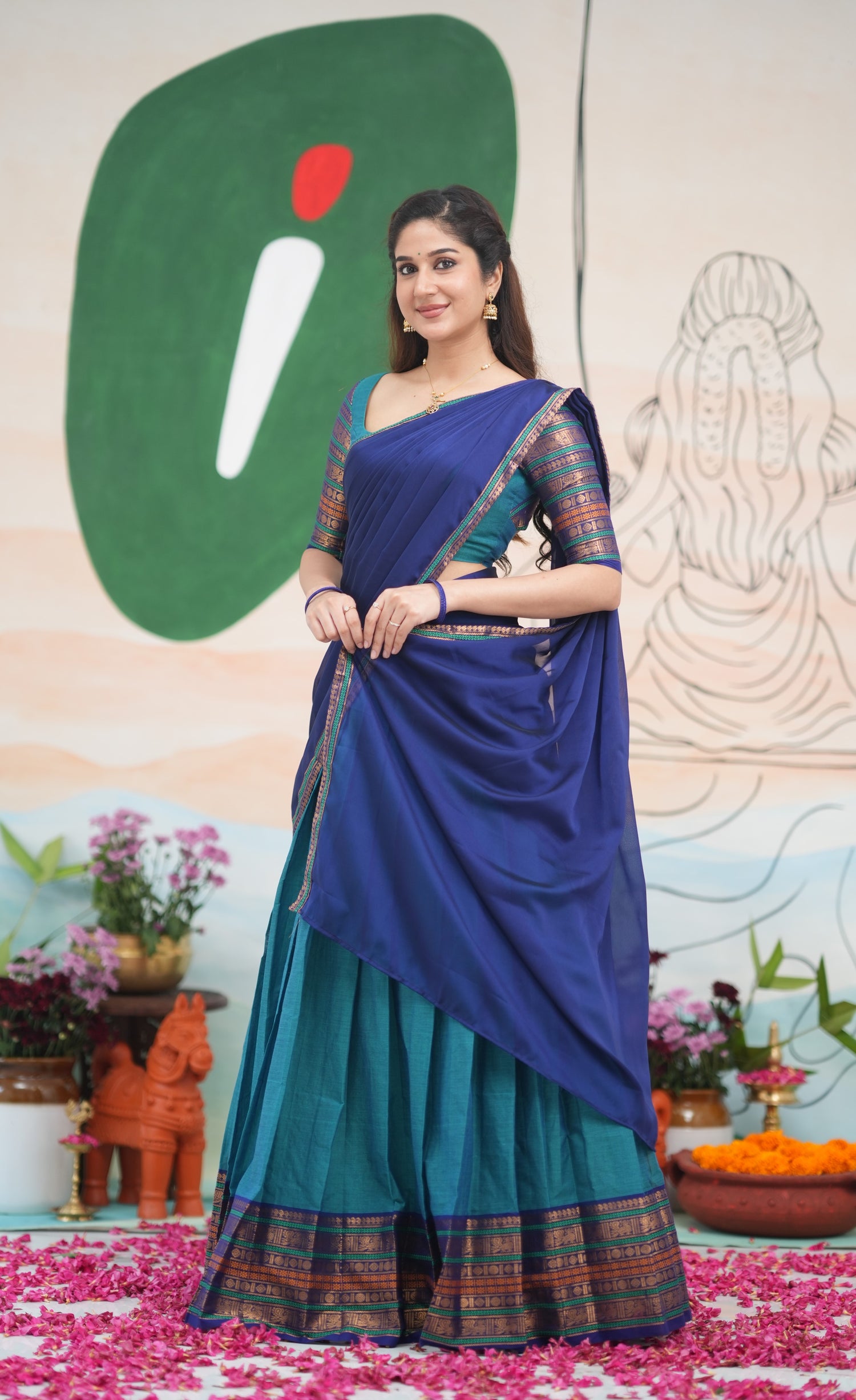 Padmaja Cotton Half Saree - Teal Blue and Dark Blue