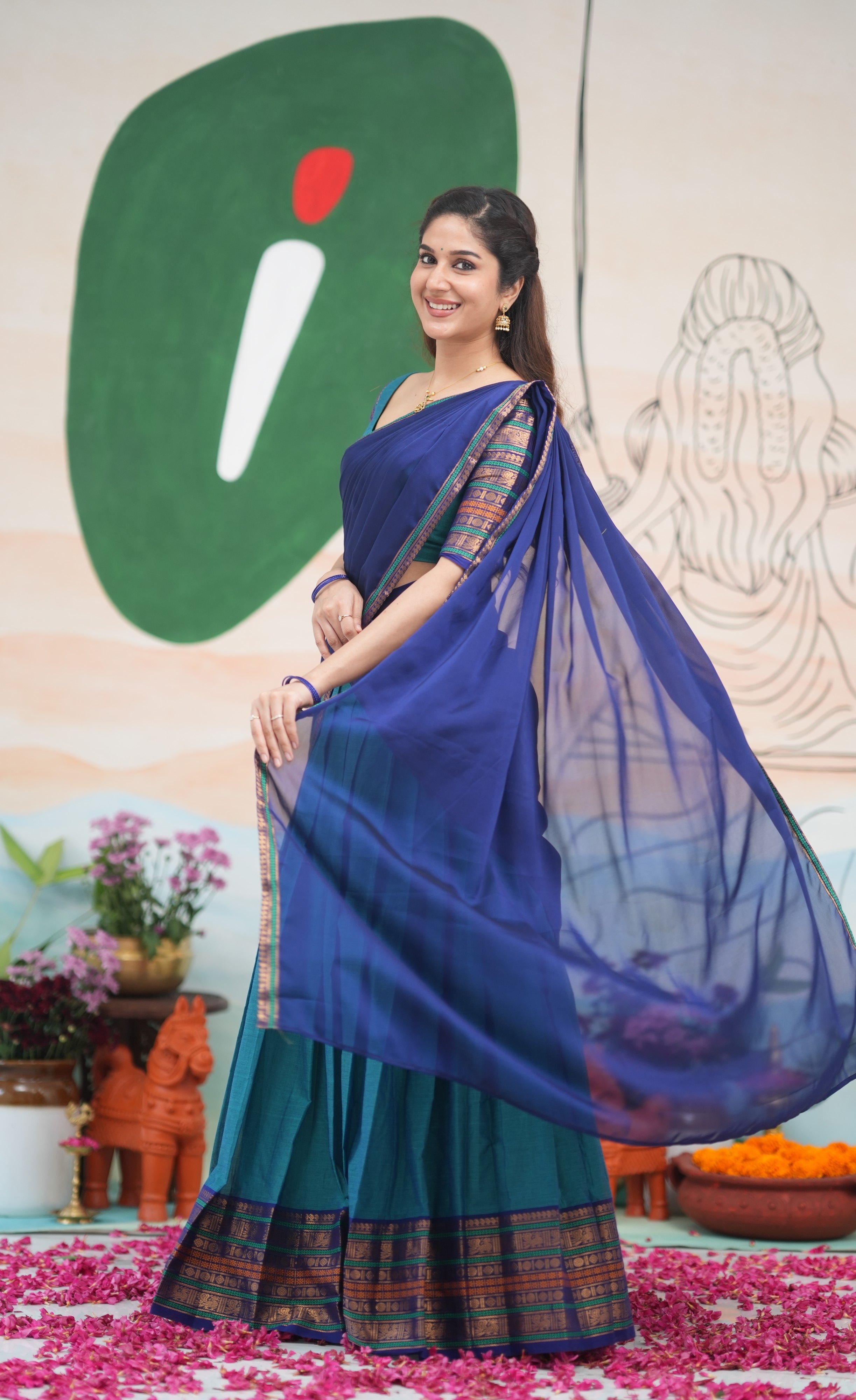 Padmaja Cotton Half Saree - Teal Blue and Dark Blue