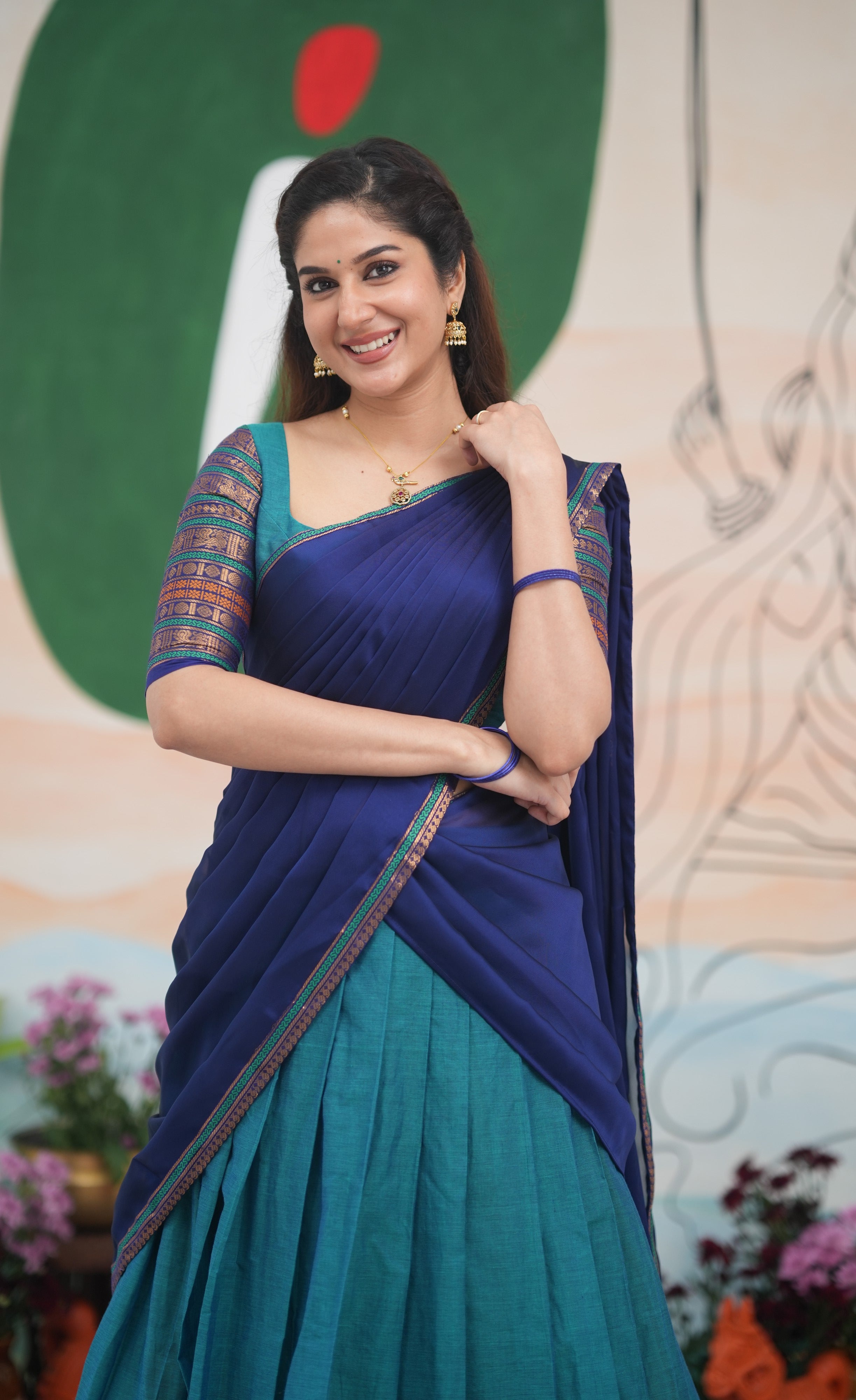 Padmaja Cotton Half Saree - Teal Blue and Dark Blue