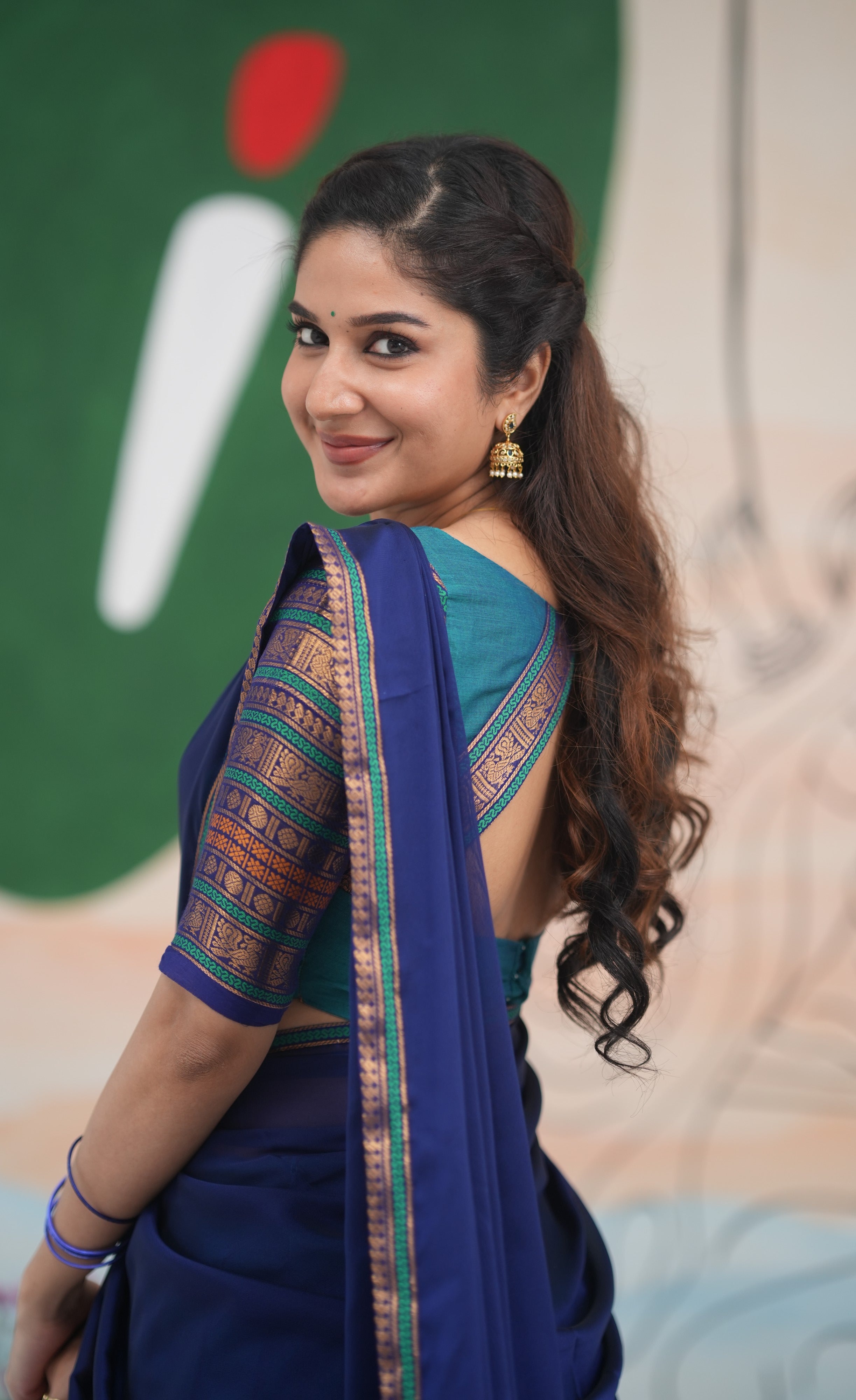 Padmaja Cotton Half Saree - Teal Blue and Dark Blue