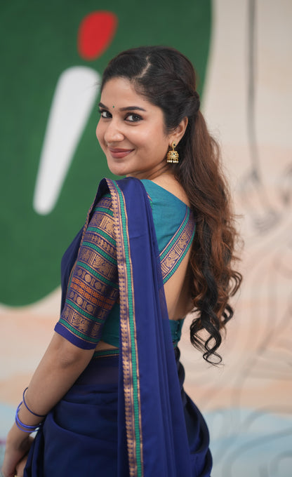 Padmaja Cotton Half Saree - Teal Blue and Dark Blue