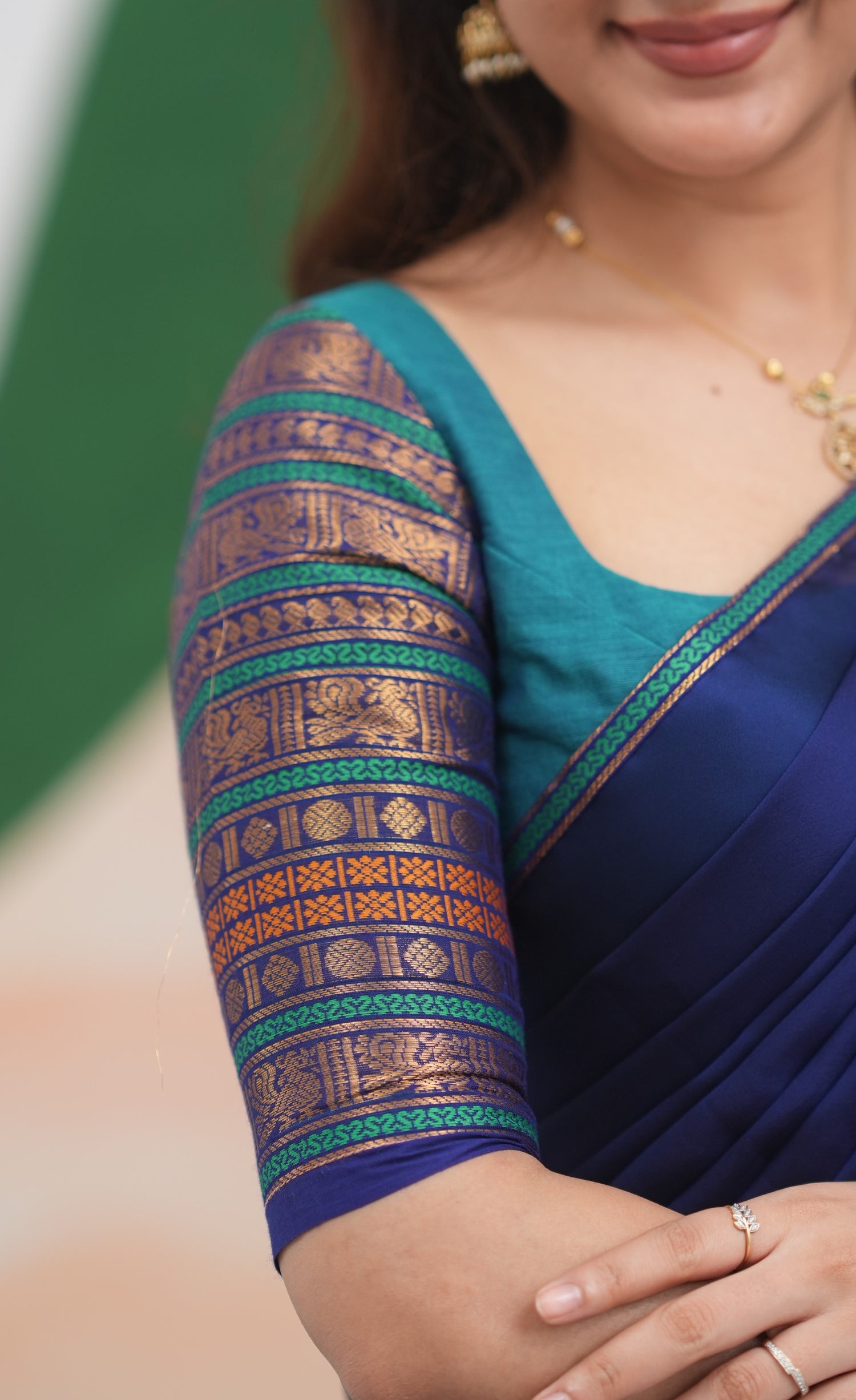 Padmaja Cotton Half Saree - Teal Blue and Dark Blue