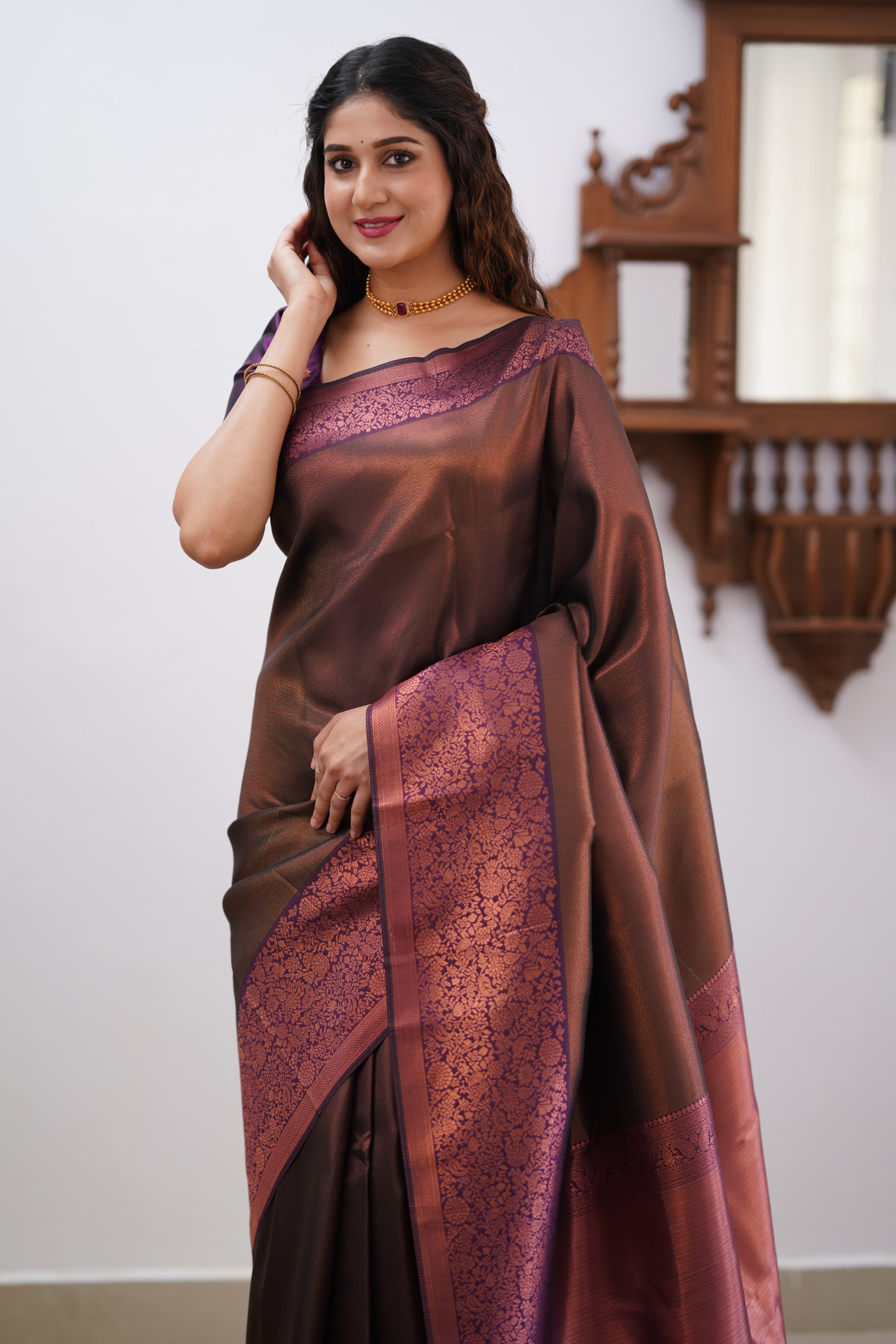 Sita Blended Silk Saree - Coffe Brown and Magentaish Purple