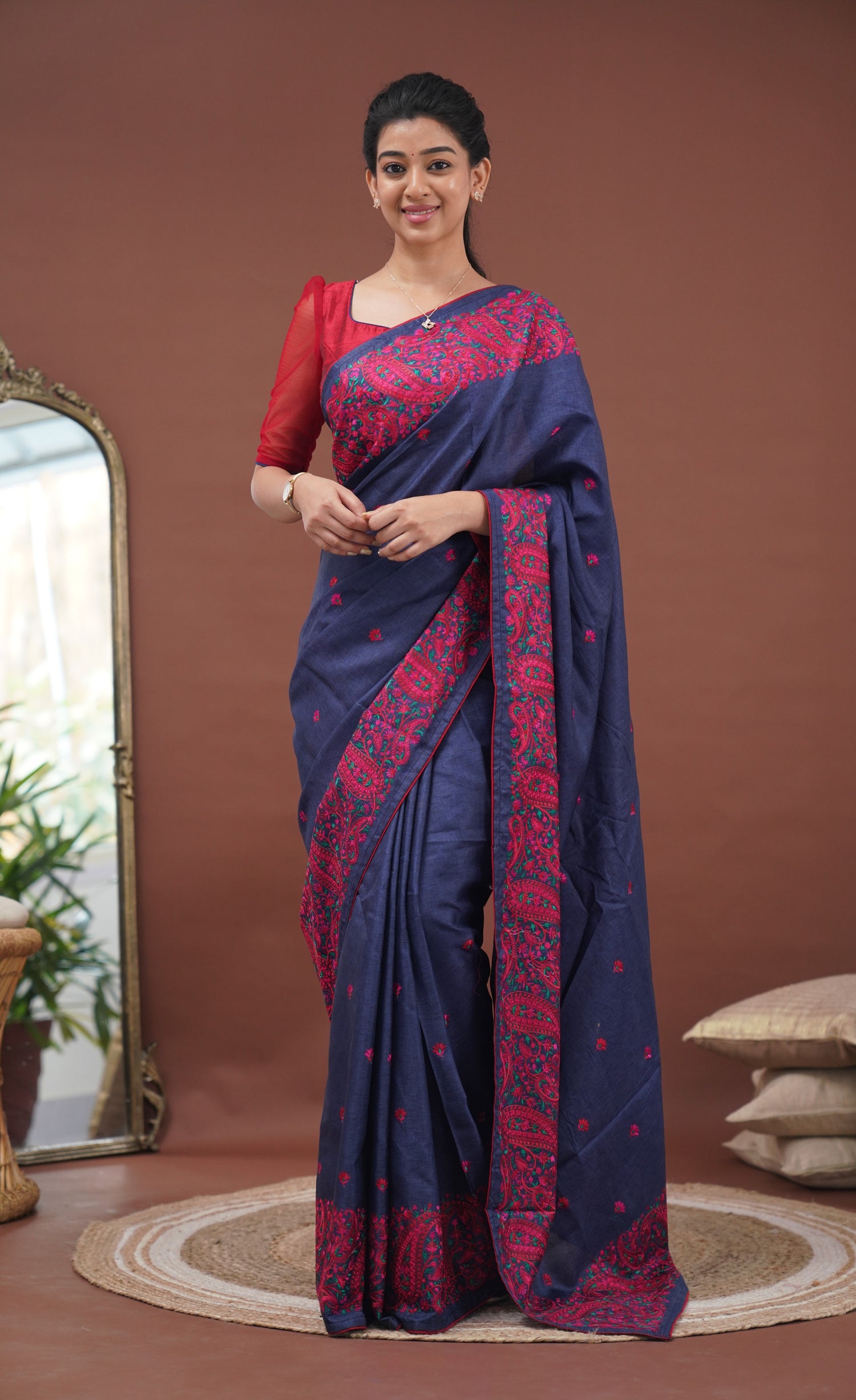 Nakshatra Semi Tissue Saree - Blue and Red