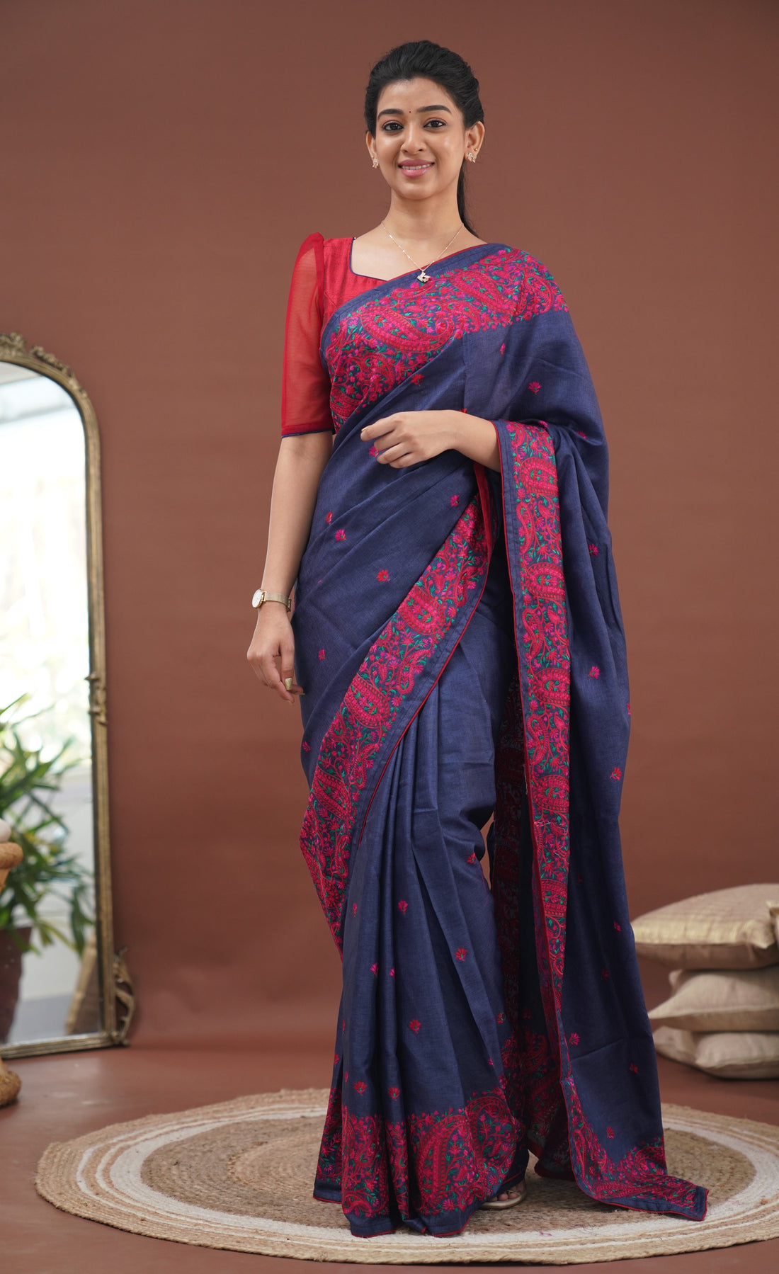 Nakshatra Semi Tissue Saree - Blue and Red