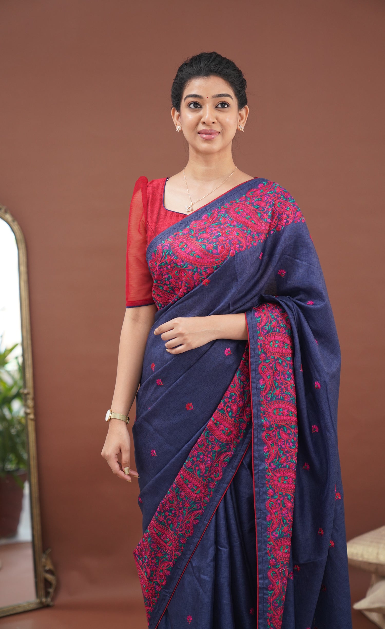 Nakshatra Semi Tissue Saree - Blue and Red