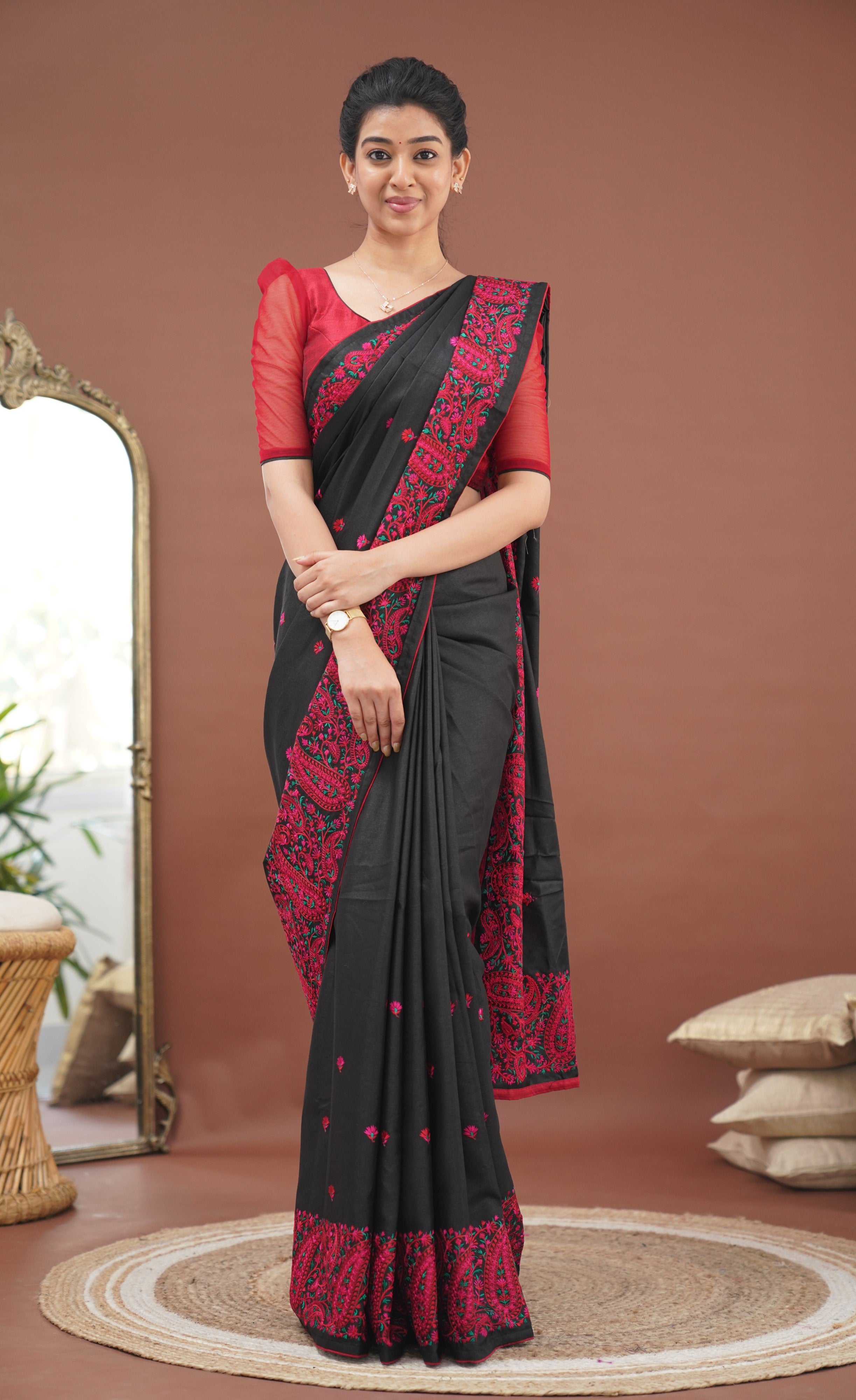 Nakshatra Semi Tissue Saree - Black and Red