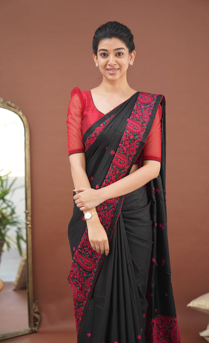 Nakshatra Semi Tissue Saree - Black and Red