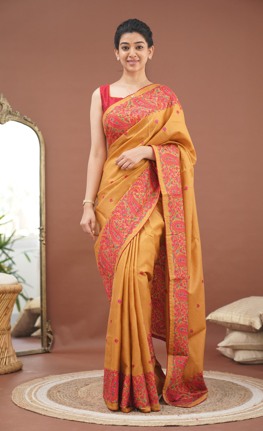 Nakshatra Semi Tissue Saree - Mustard and Red