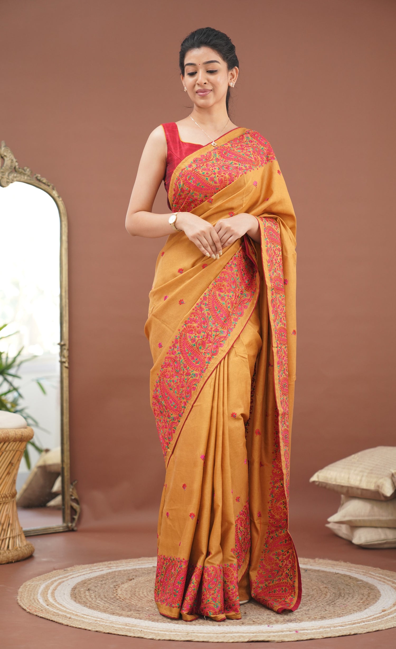 Nakshatra Semi Tissue Saree - Mustard and Red