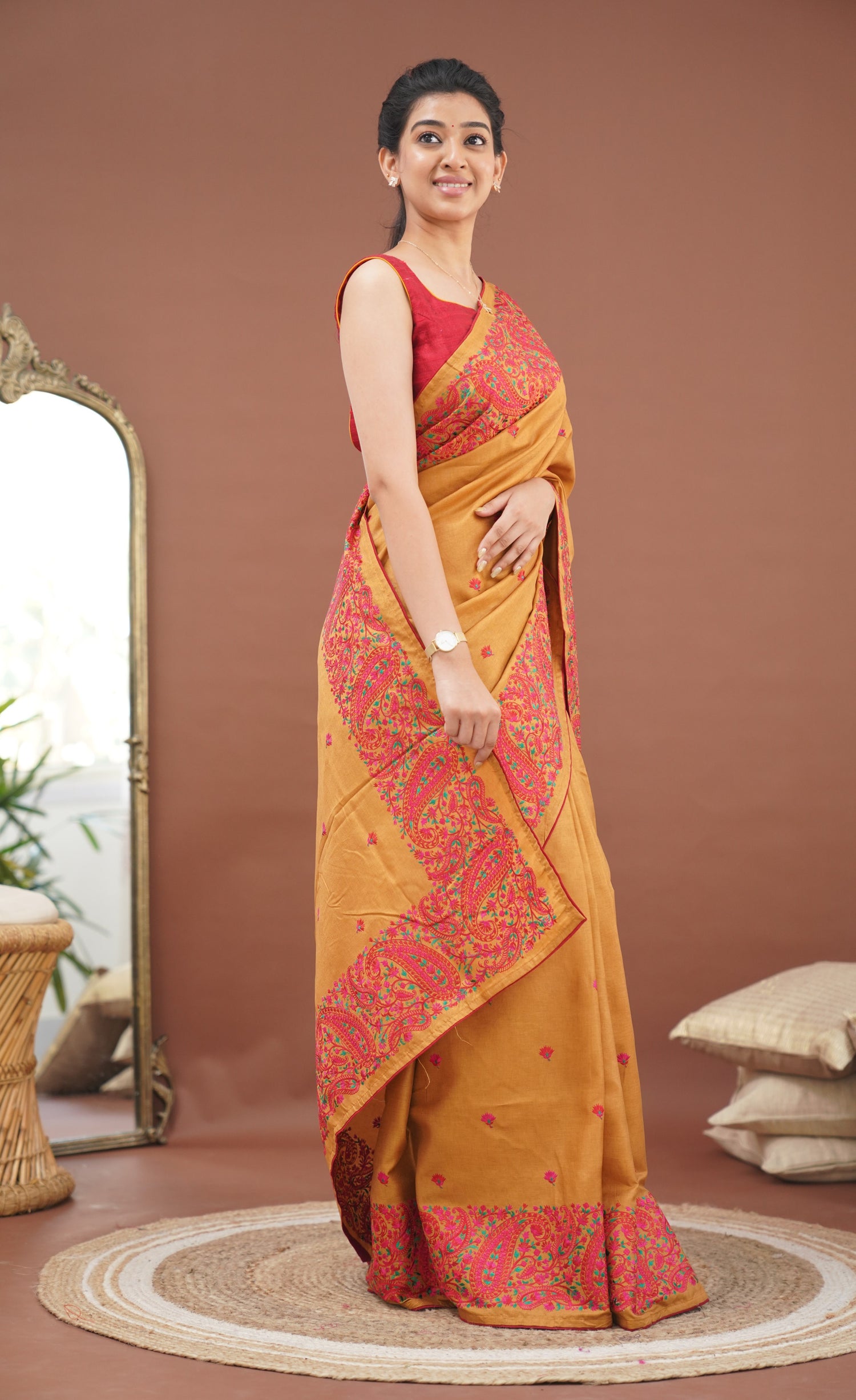 Nakshatra Semi Tissue Saree - Mustard and Red