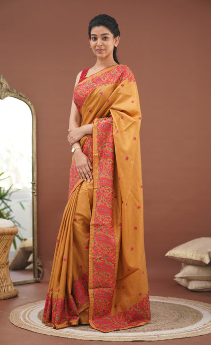 Nakshatra Semi Tissue Saree - Mustard and Red