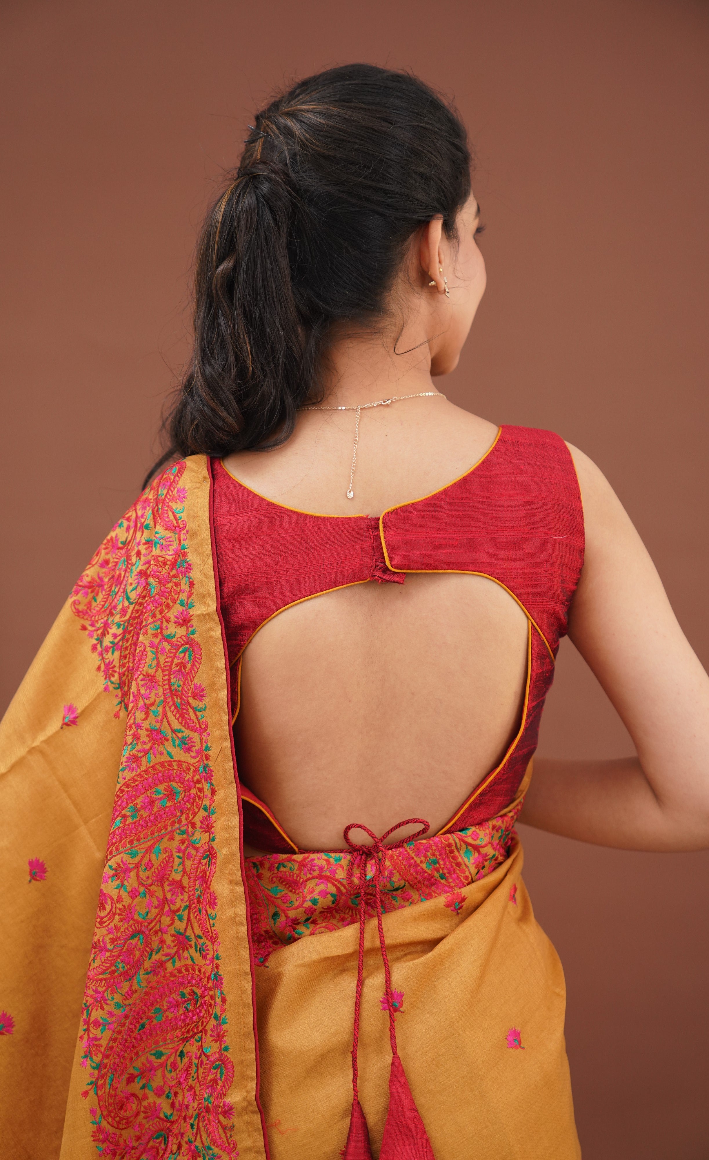 Nakshatra Semi Tissue Saree - Mustard and Red