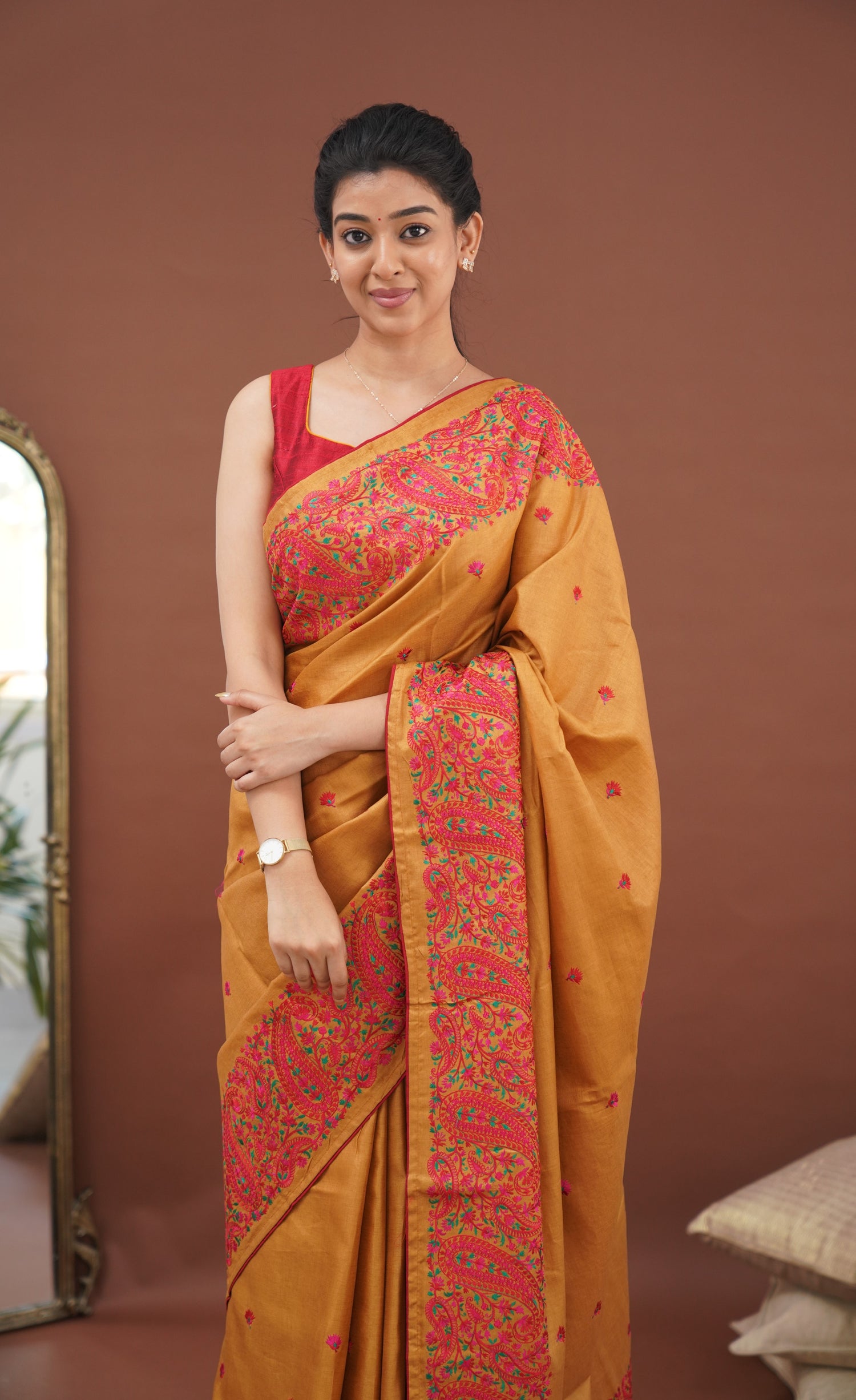 Nakshatra Semi Tissue Saree - Mustard and Red