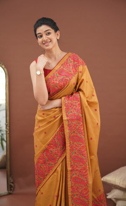 Nakshatra Semi Tissue Saree - Mustard and Red