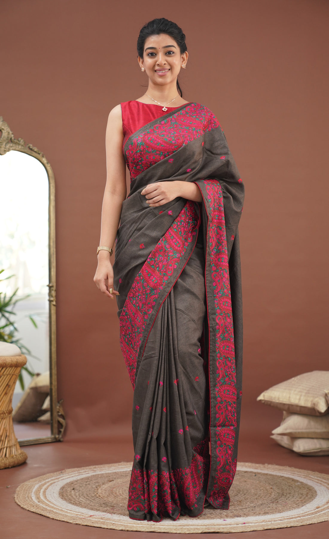 Nakshatra Semi Tissue Saree - Brown and Red