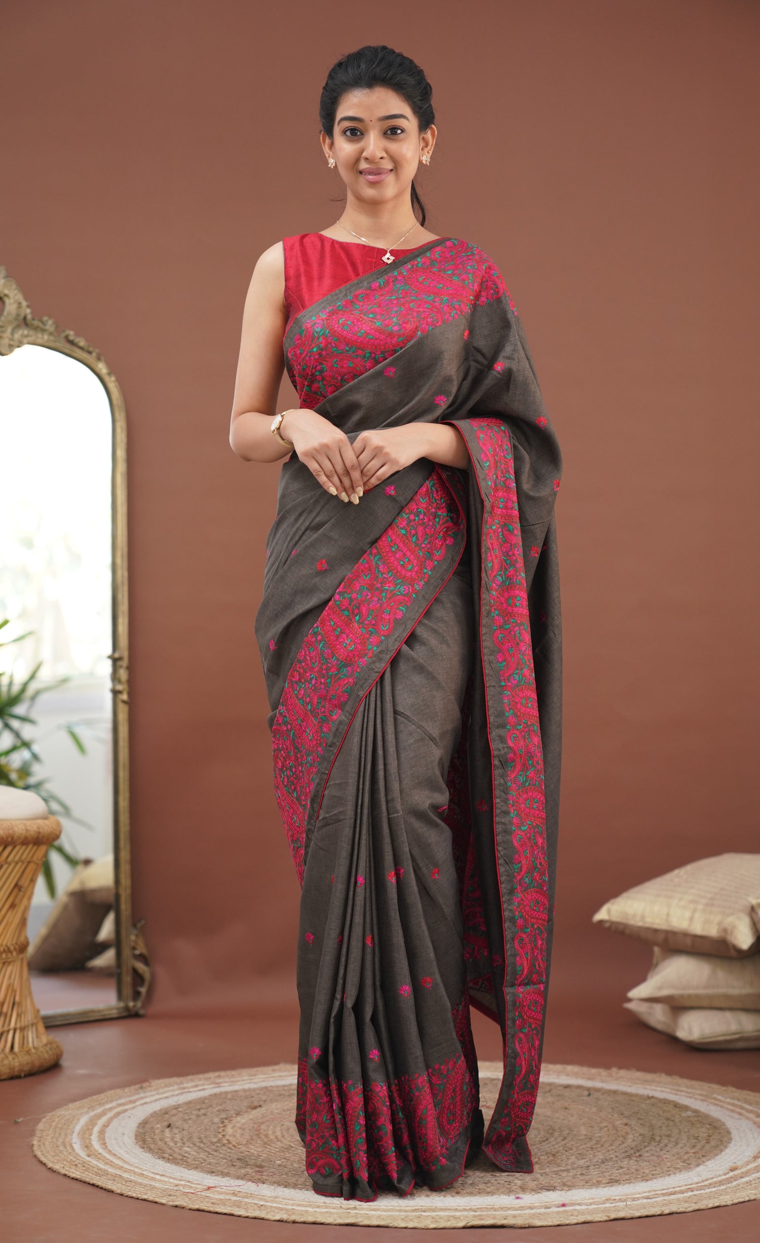 Nakshatra Semi Tissue Saree - Brown and Red