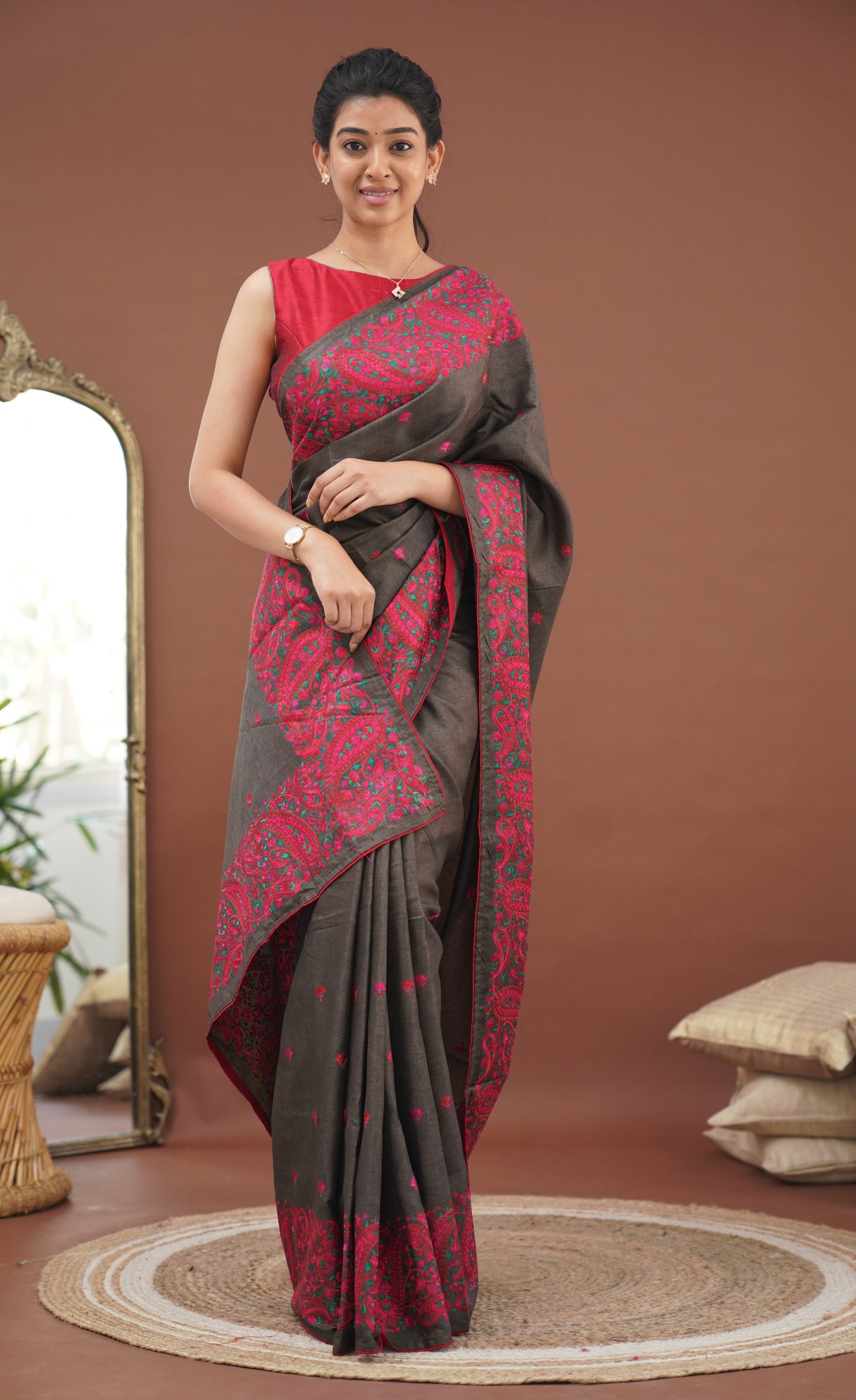 Nakshatra Semi Tissue Saree - Brown and Red