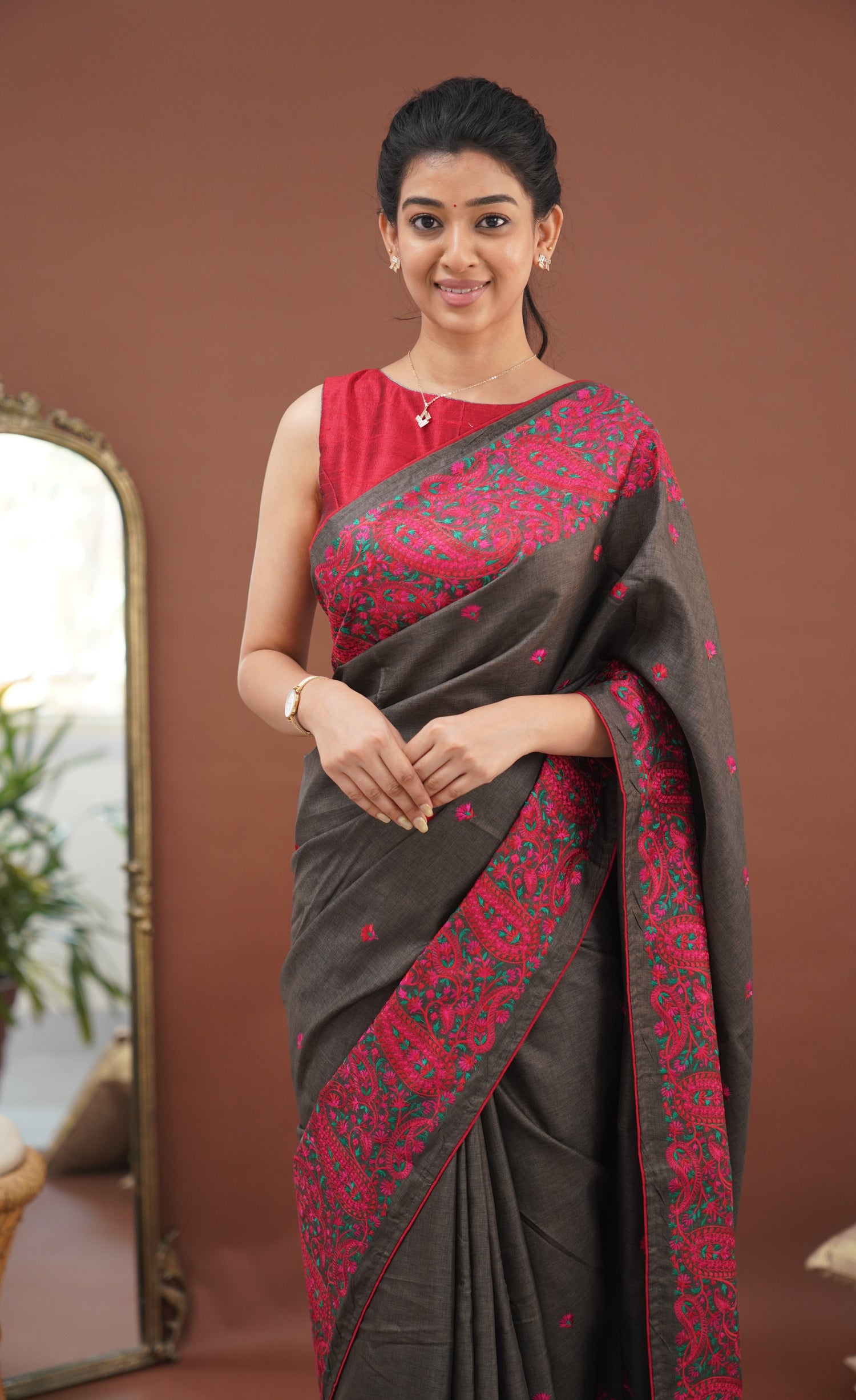 Nakshatra Semi Tissue Saree - Brown and Red