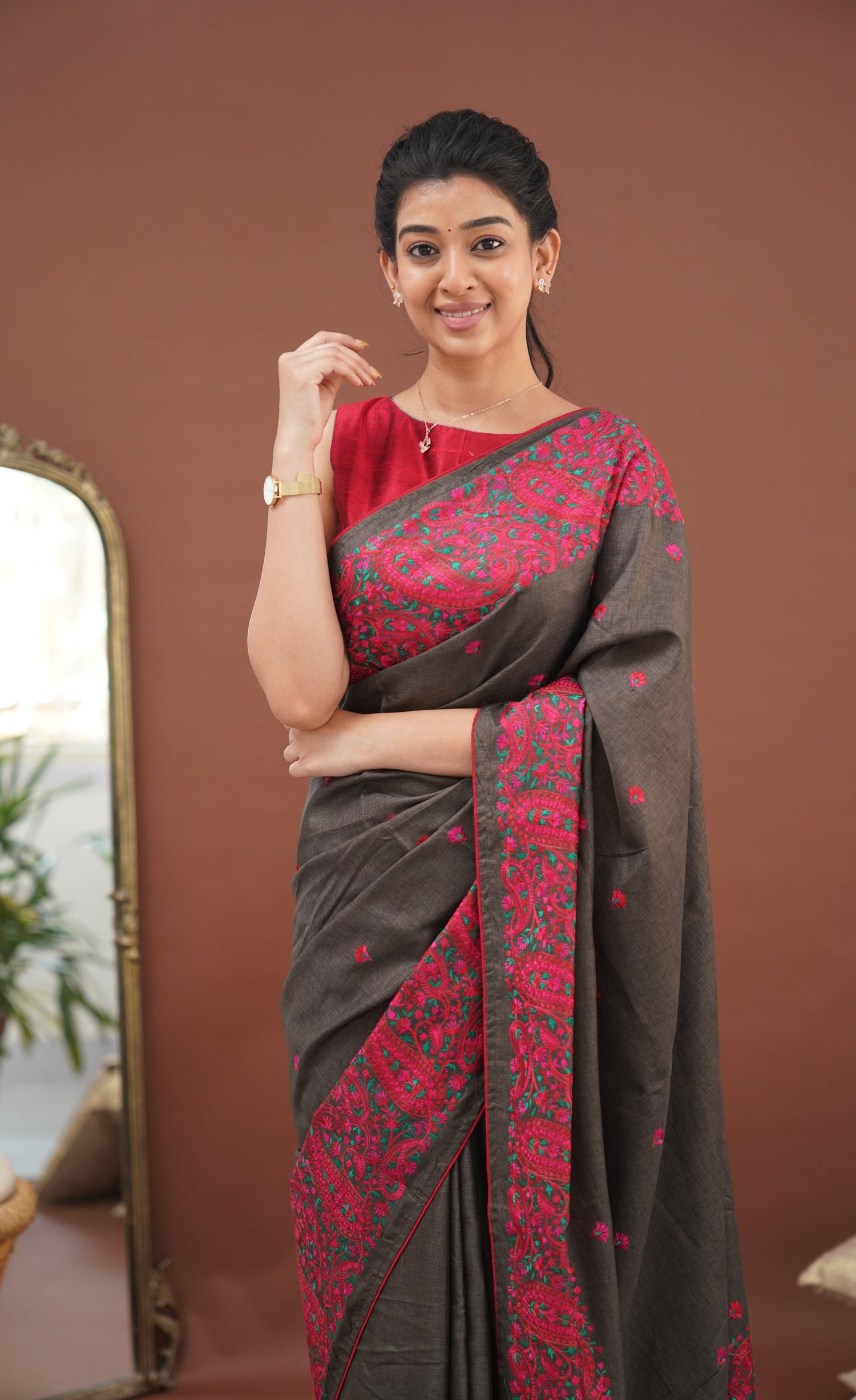 Nakshatra Semi Tissue Saree - Brown and Red