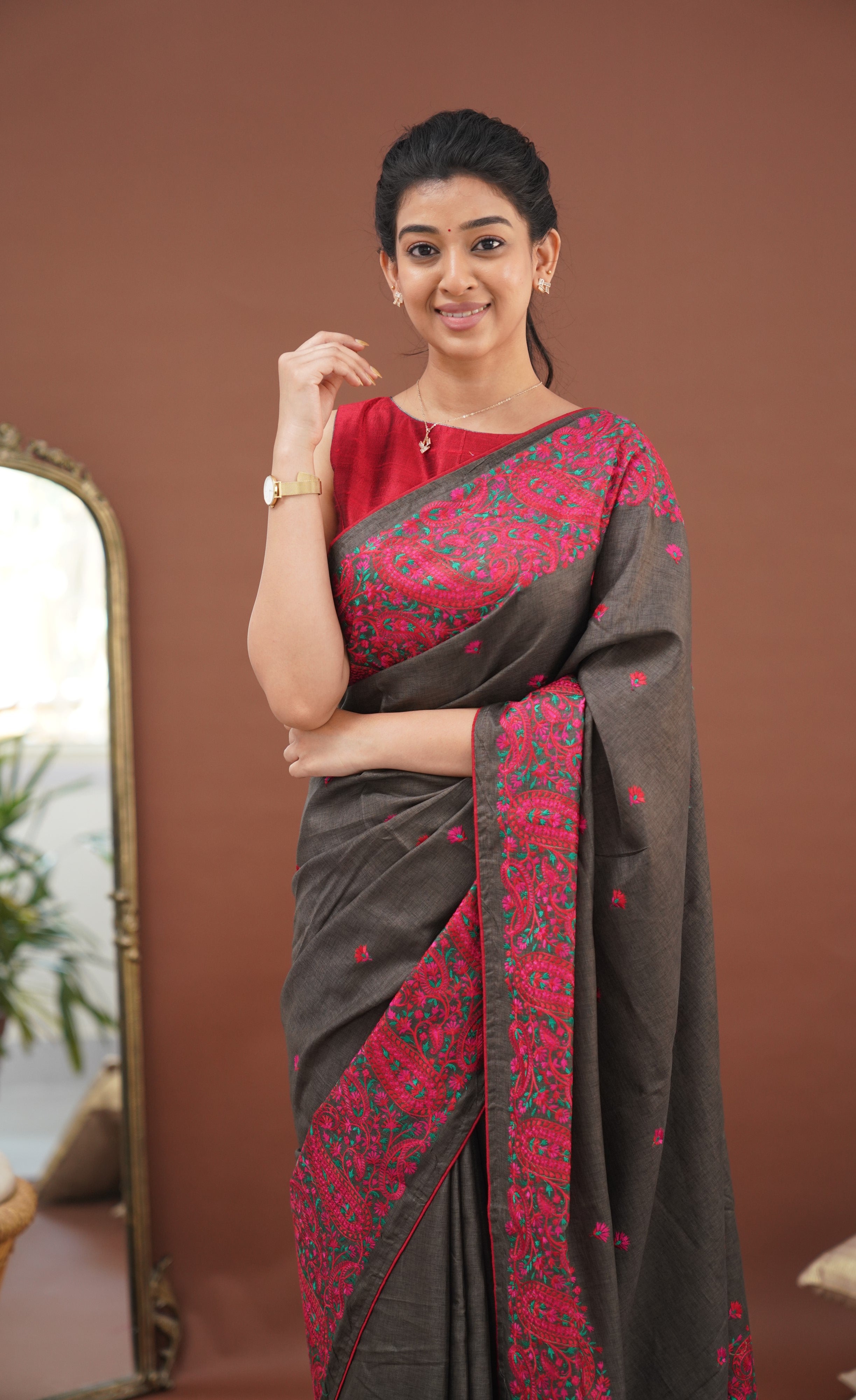 Nakshatra Semi Tissue Saree - Brown and Red