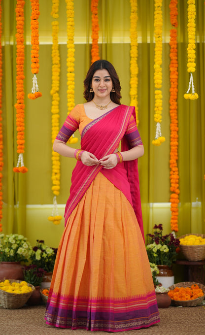 Padmaja Cotton Half Saree - Two-tone Orange and Pink
